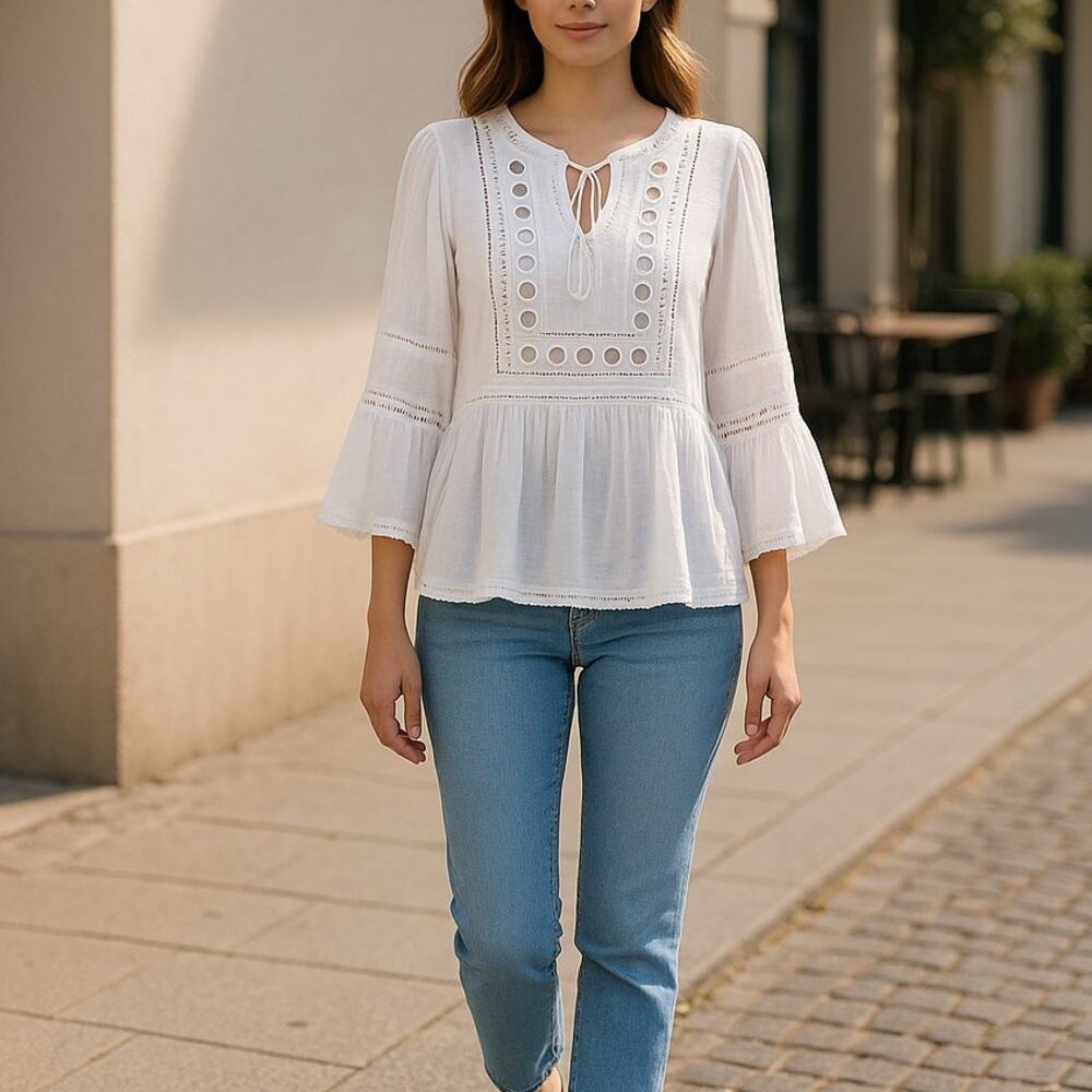 Endless Rose Crochet Tie Neck Blouse White Bell Sleeve Boho Top Size S NWT